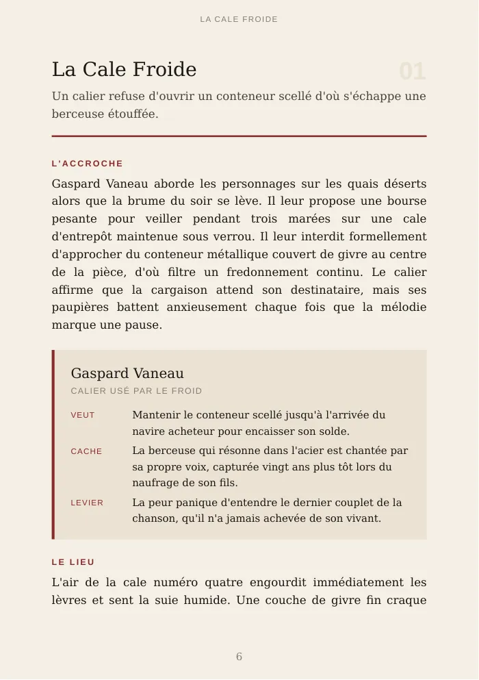 Première page de l'amorce « La Cale Froide » : accroche et encadré du PNJ Gaspard Vaneau