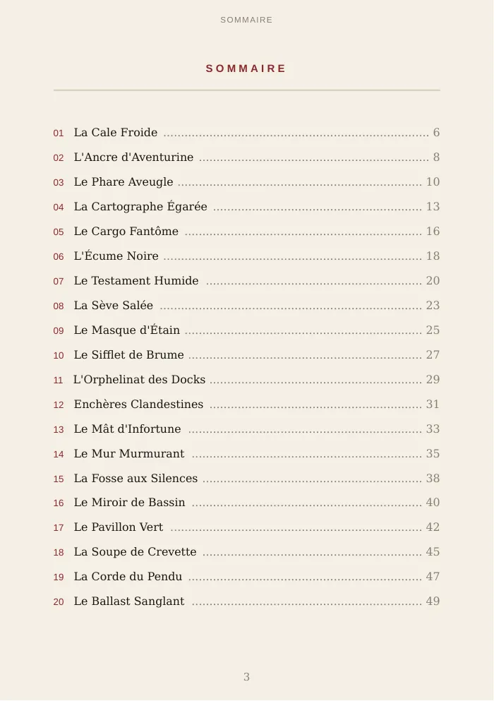 Sommaire du catalogue Les Brumes du Havre : titres d'amorces avec numéros de page