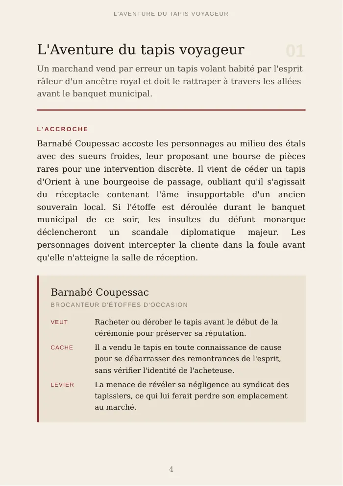 Première page de l'amorce « L'Aventure du tapis voyageur » : accroche et encadré du PNJ Barnabé Coupessac