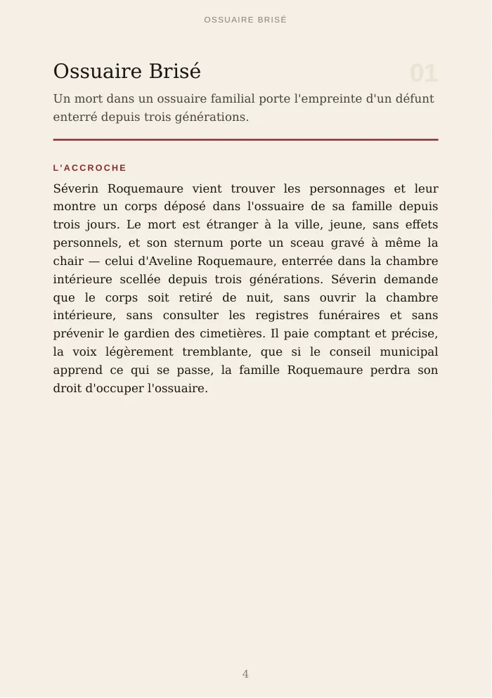 Première page de l'amorce « Ossuaire Brisé » : accroche de la crypte familiale